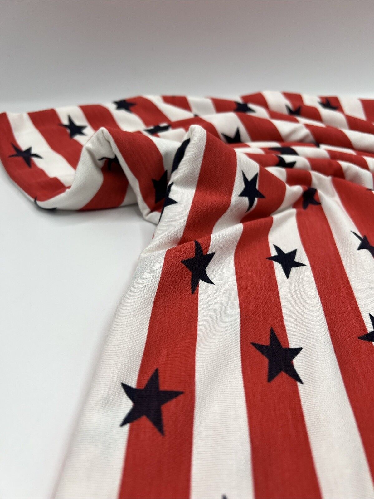 Red & White Star Horizontal Stripe Print Viscose Elastane Fabric