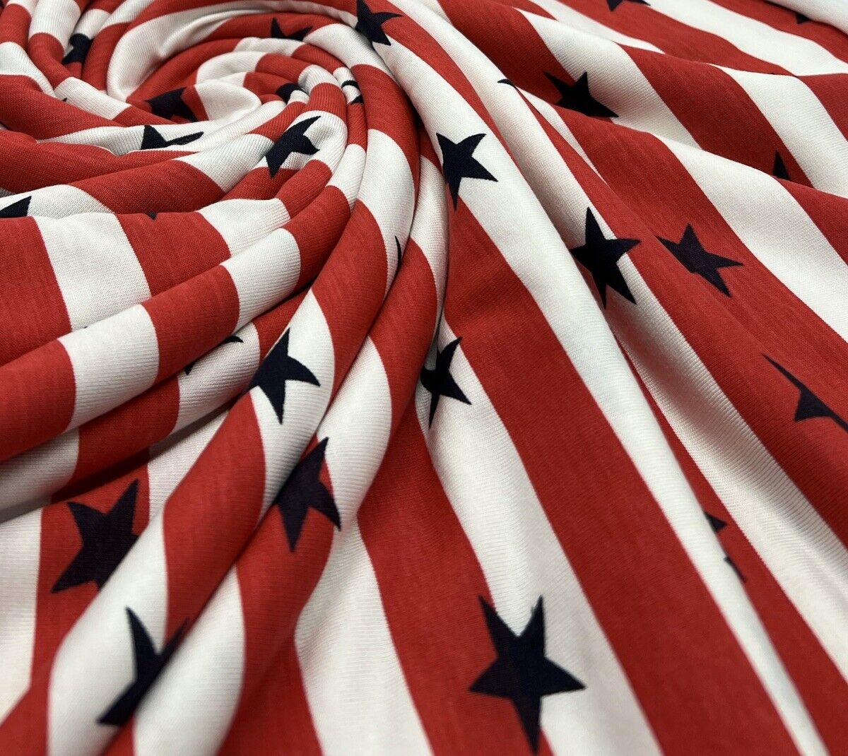 Red & White Star Horizontal Stripe Print Viscose Elastane Fabric