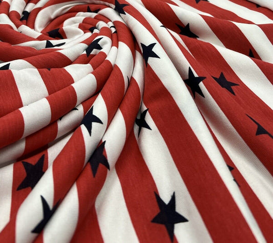 Red & White Star Horizontal Stripe Print Viscose Elastane Fabric