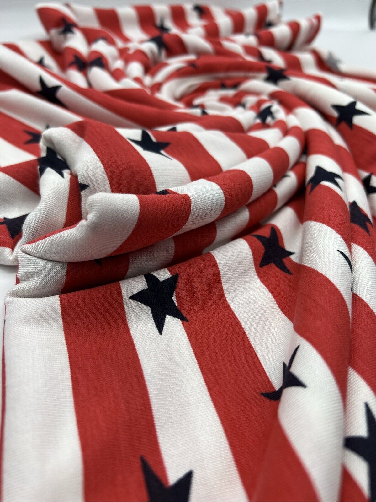 Red & White Star Horizontal Stripe Print Viscose Elastane Fabric