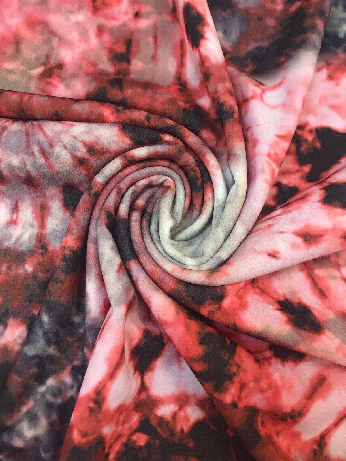 Red Black White Tie Dye Printed Scuba Crepe Jersey Fabric 4 Way Stretch