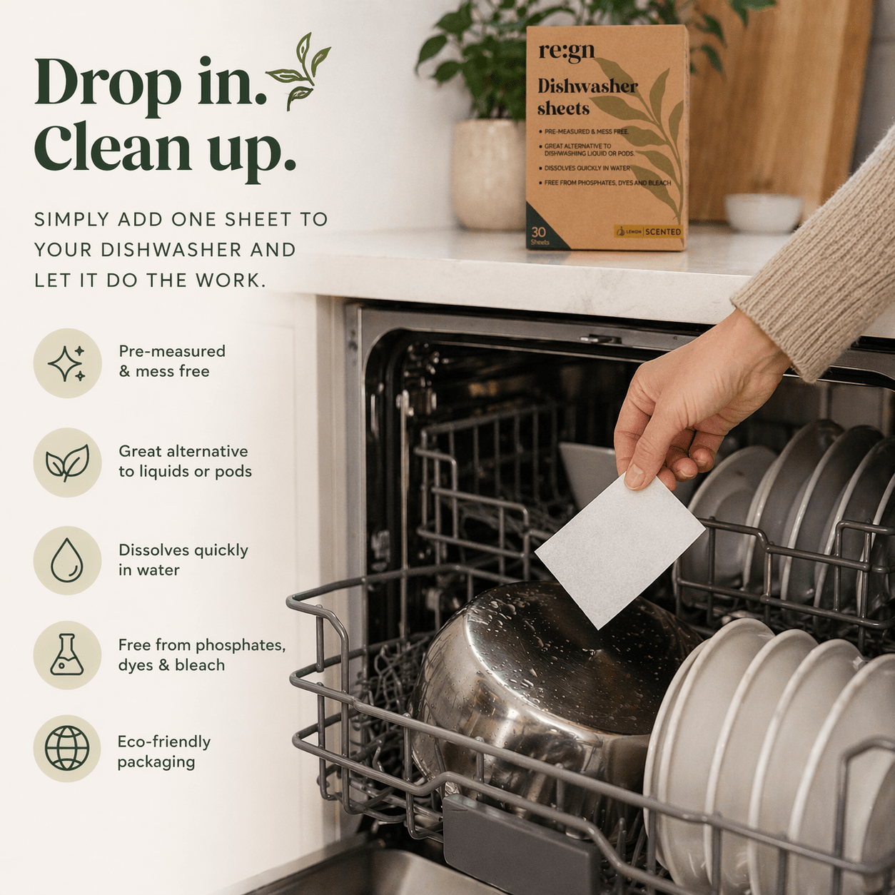 re:gn Dishwasher Sheets | Lemon Scented |30 Sheets | Pre-Measured Dishwashing Alternative