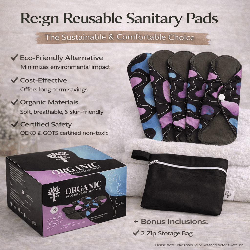 Eco Reusable Sanitary Pads - Washable Cloth Period Pads - 6 Pack