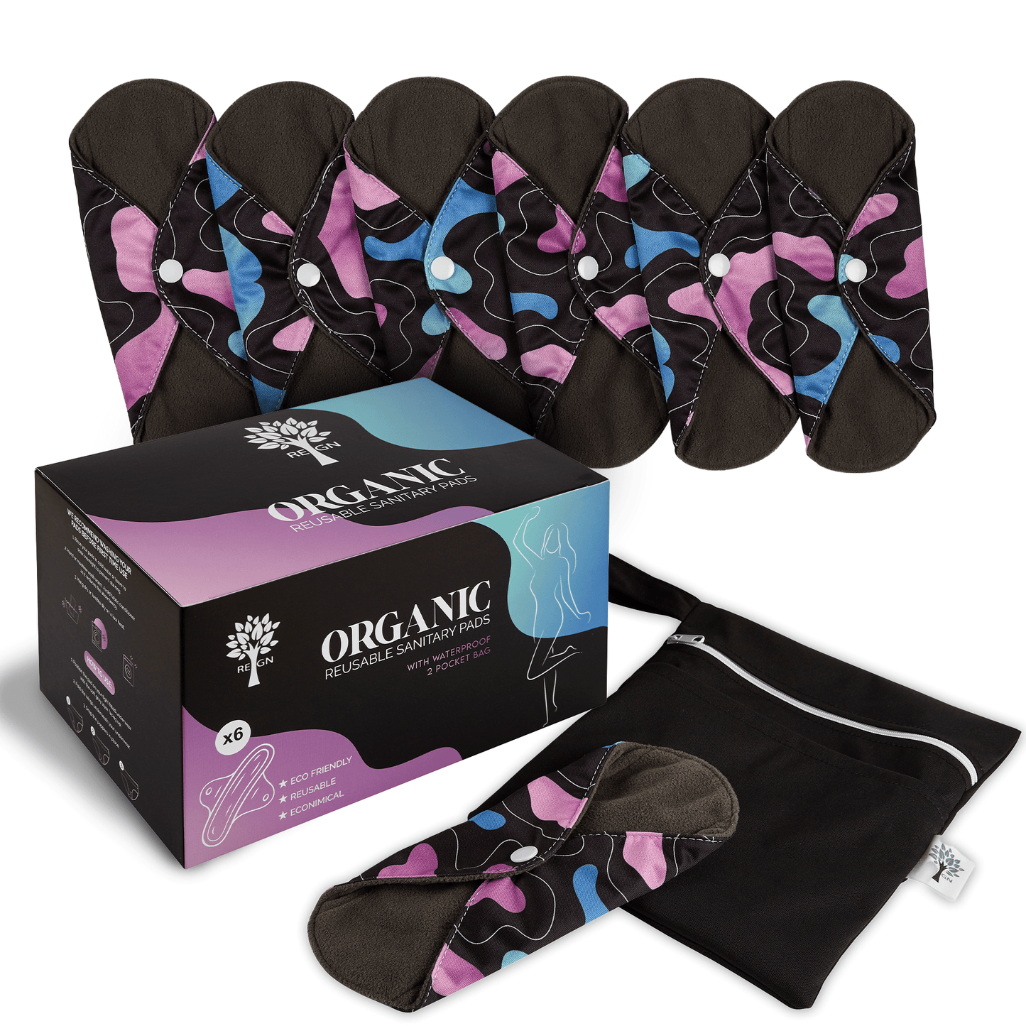 Eco Reusable Sanitary Pads - Washable Cloth Period Pads - 6 Pack