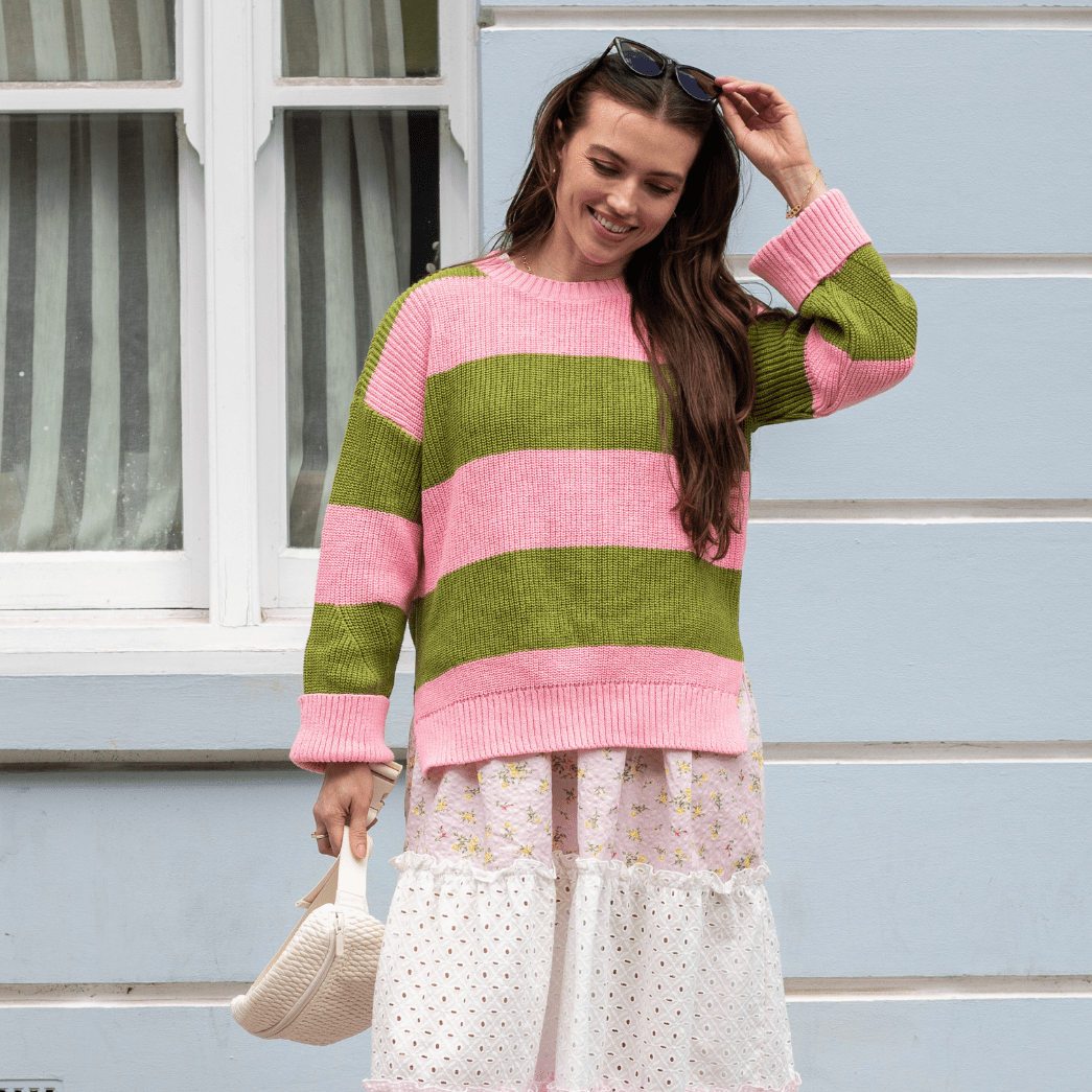 Rhiannon Recycled Cotton Blend Stripe Jumper - Pink and Green
