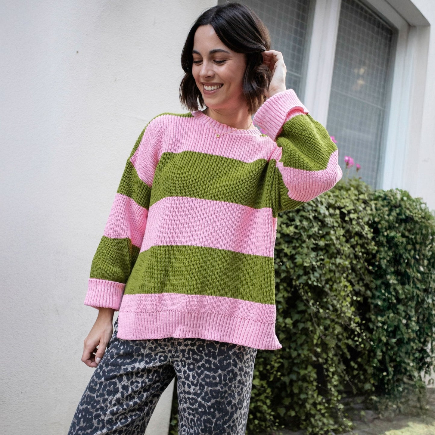 Rhiannon Recycled Cotton Blend Stripe Jumper - Pink and Green