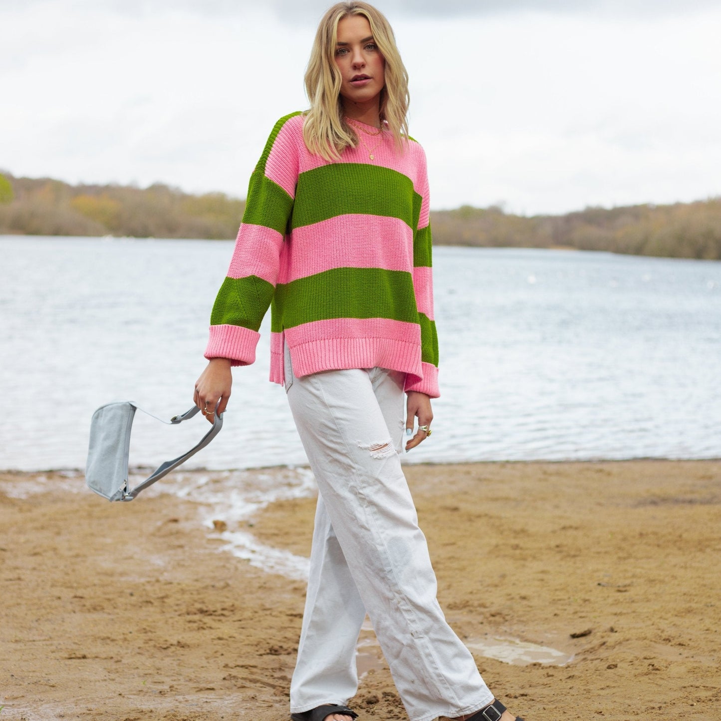 Rhiannon Recycled Cotton Blend Stripe Jumper - Pink and Green