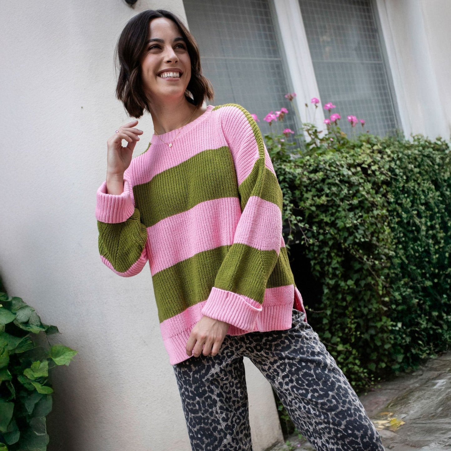 Rhiannon Recycled Cotton Blend Stripe Jumper - Pink and Green