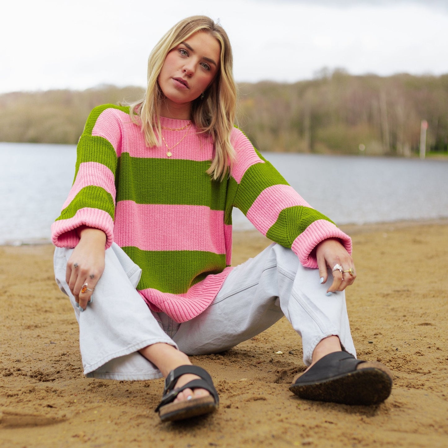 Rhiannon Recycled Cotton Blend Stripe Jumper - Pink and Green