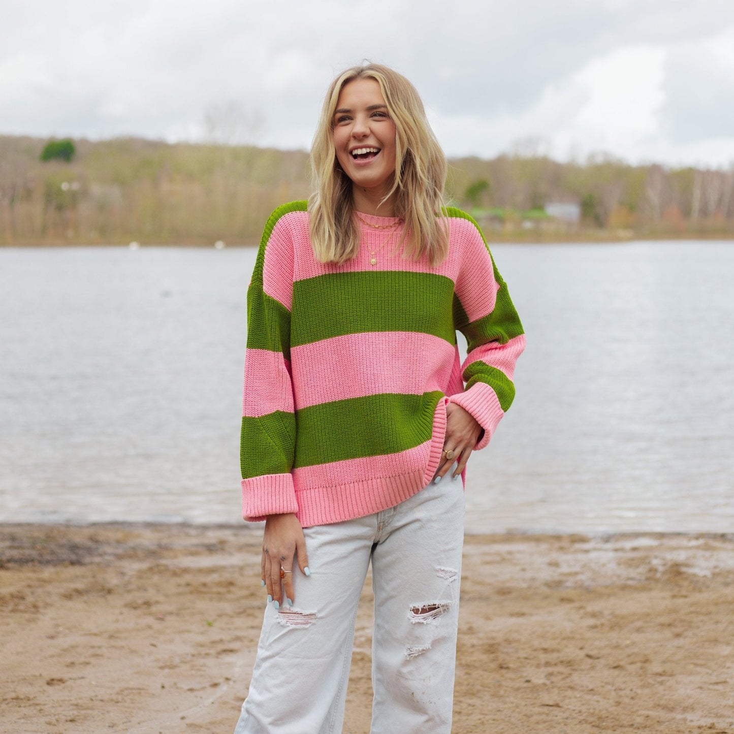 Rhiannon Recycled Cotton Blend Stripe Jumper - Pink and Green
