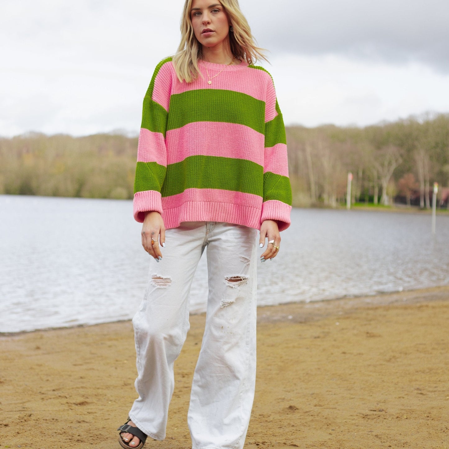 Rhiannon Recycled Cotton Blend Stripe Jumper - Pink and Green