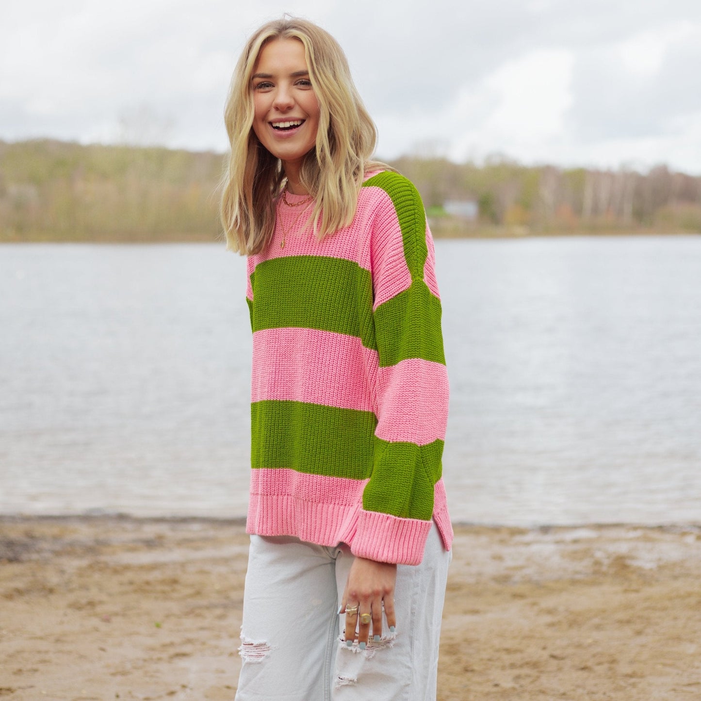Rhiannon Recycled Cotton Blend Stripe Jumper - Pink and Green