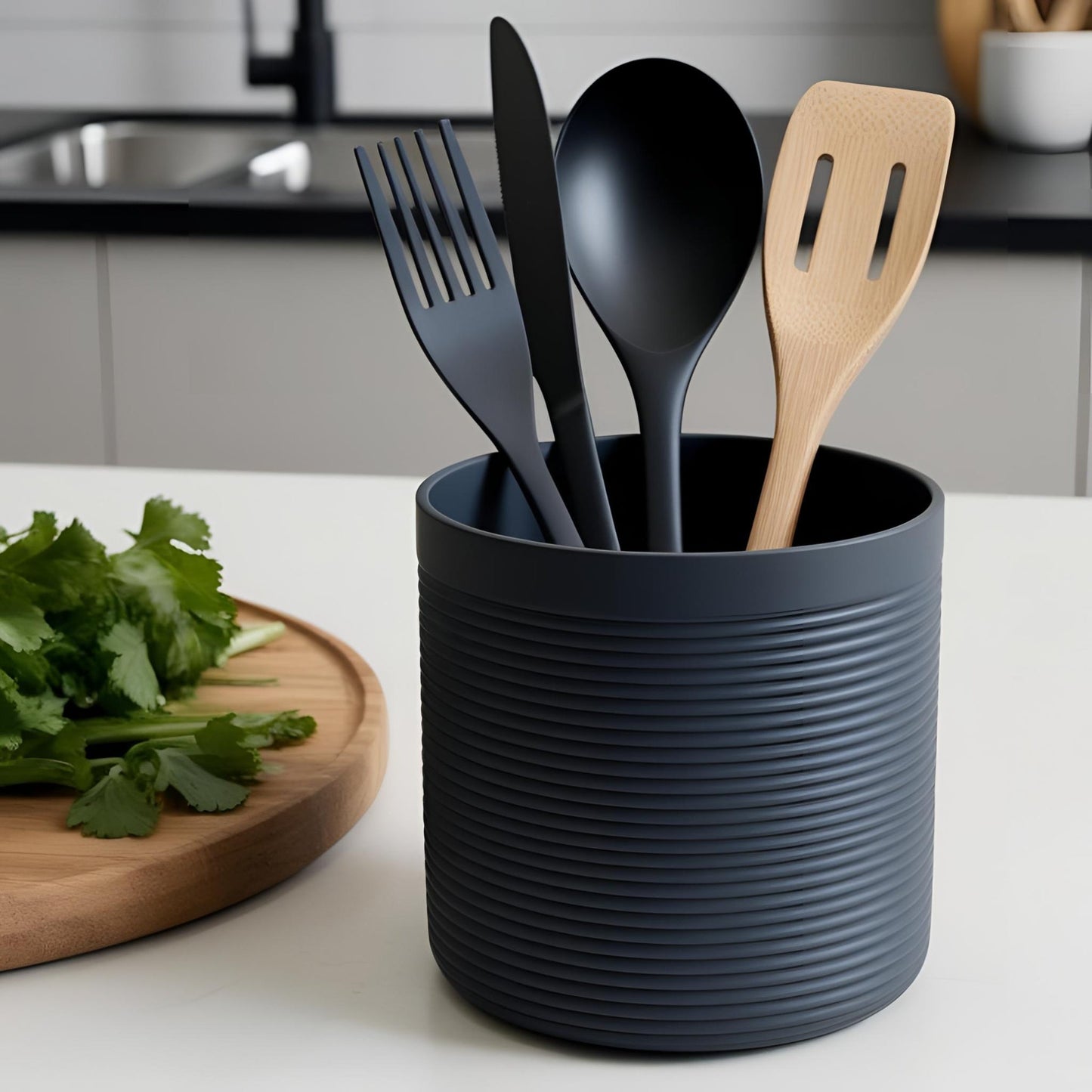 Ribbed Kitchen Utensil Holder Pot - Modern & Spacious Design