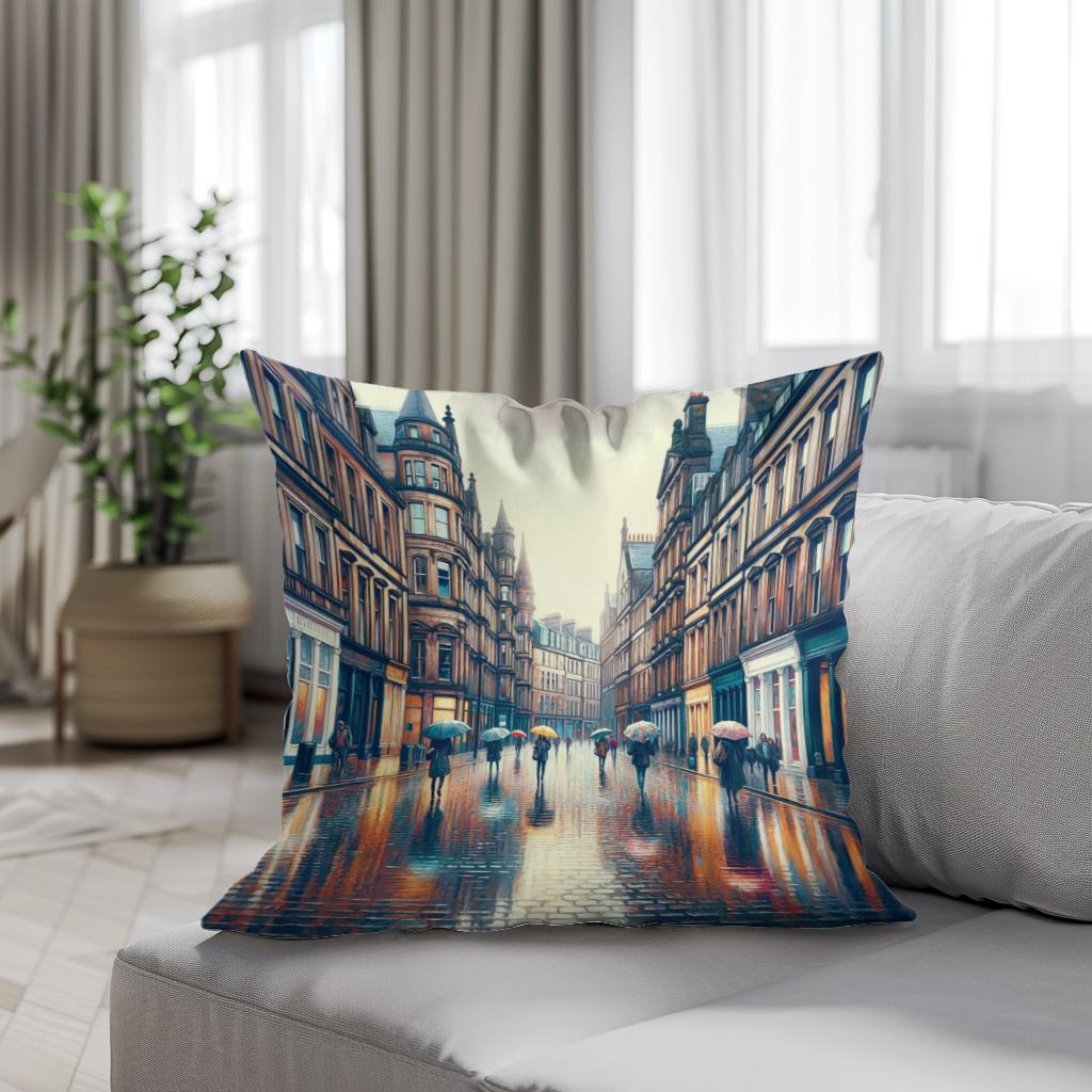 Rainy Glasgow Street Cotton Cushion