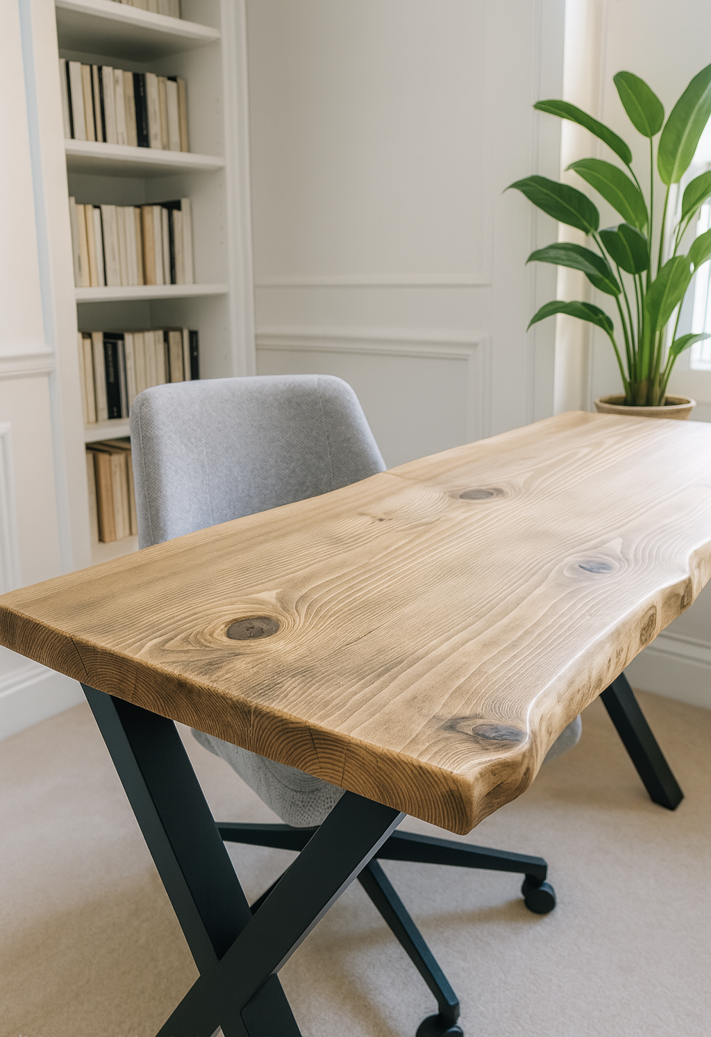 Live / Waney Edge Study Desk / Table With X Cross Metal Legs