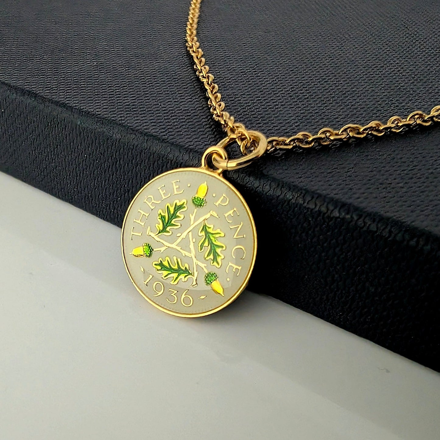 George V Threepenny (1928-1936) - Acorn Design - Enamelled Coin Necklace