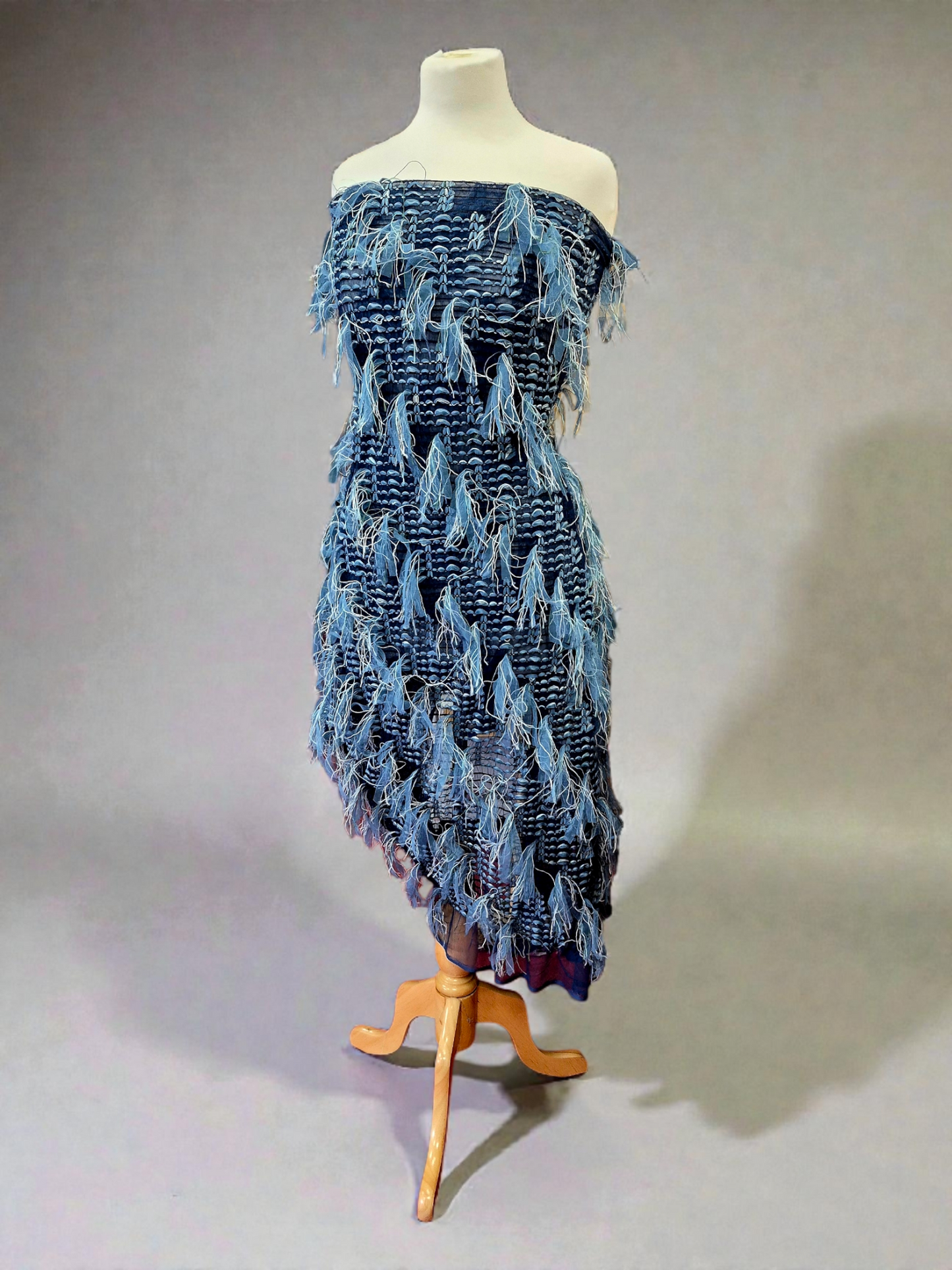 Blue Mix Textured Mesh Tassel Fabric 2 Way Stretch