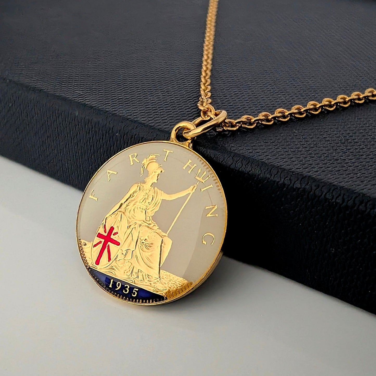 George V Farthing (1920-1936) - Britannia Design - Enamelled Coin Necklace