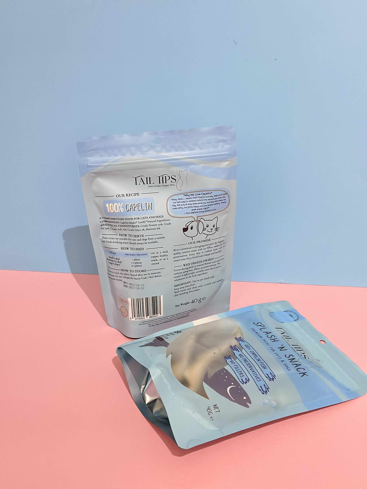 Splash N' Snack - 100% Freeze-Dried Capelin Treats | Pure & Natural | Tail Tips UK | 40g pack