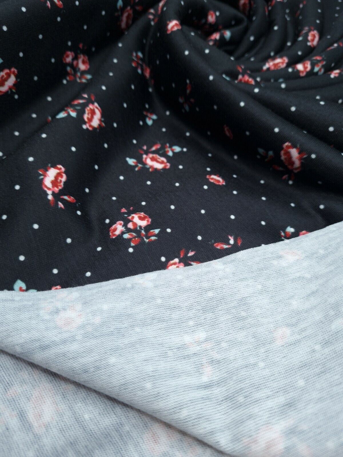 Rose Polka Dot Print Spun Poly Stretch Fabric