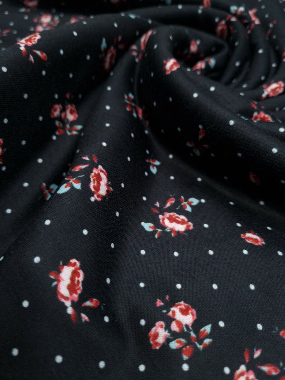 Rose Polka Dot Print Spun Poly Stretch Fabric