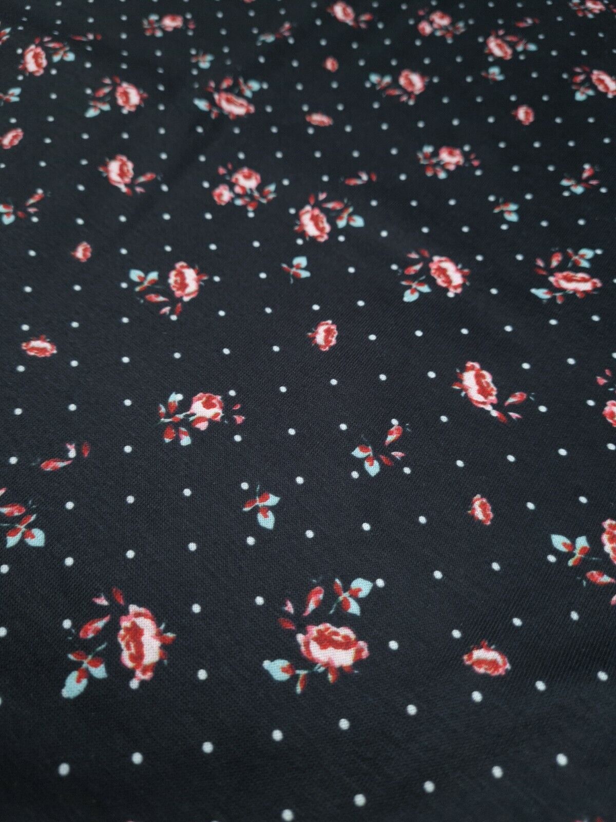Rose Polka Dot Print Spun Poly Stretch Fabric