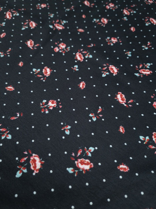 Rose Polka Dot Print Spun Poly Stretch Fabric