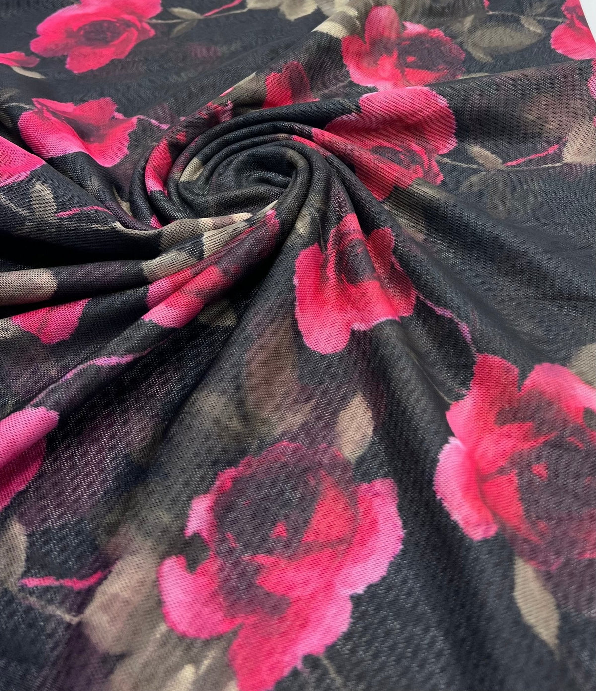 Rose Print Floral Mesh Fabric Stretch