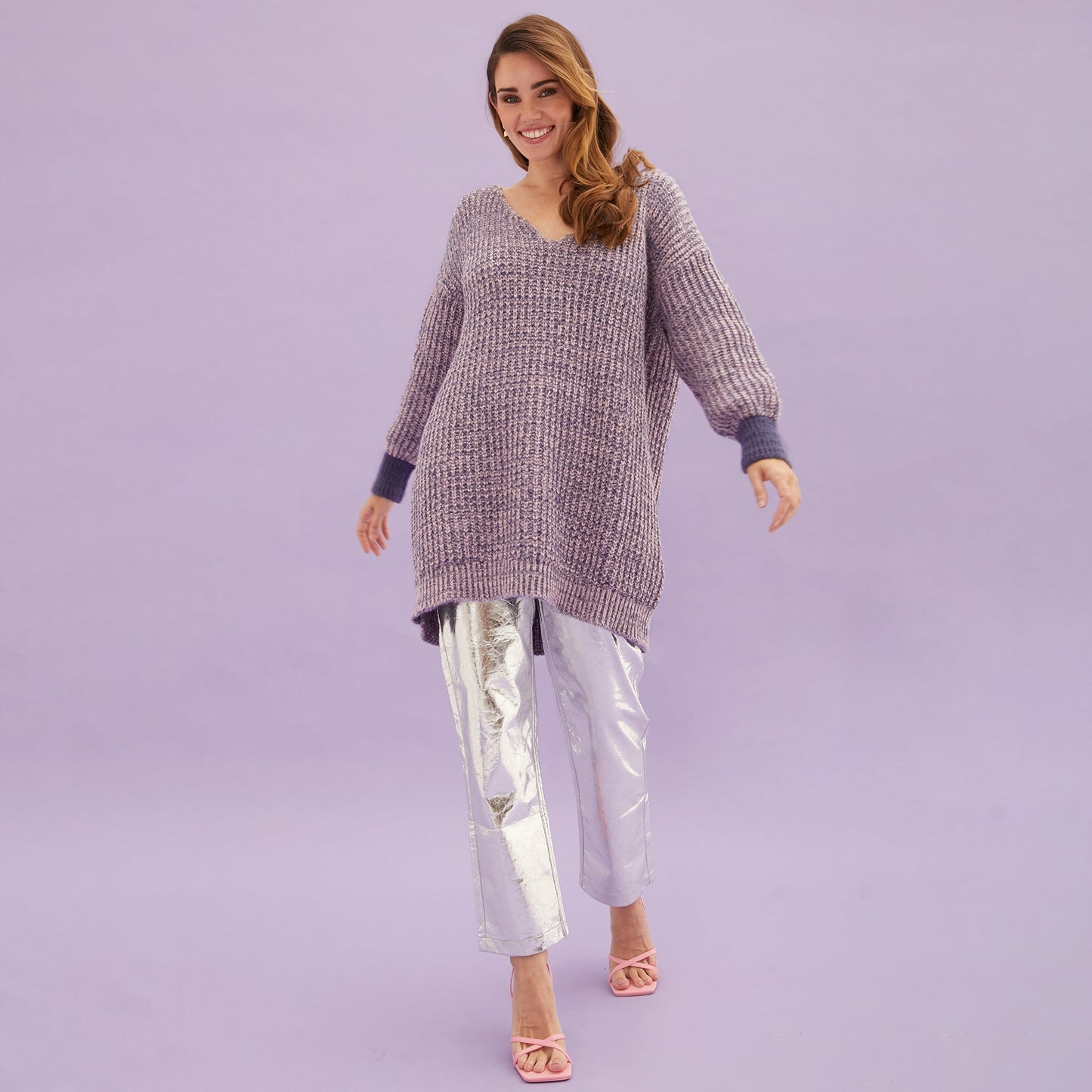 Rosie V Neck Twist Tunic Knit Jumper - Lilac