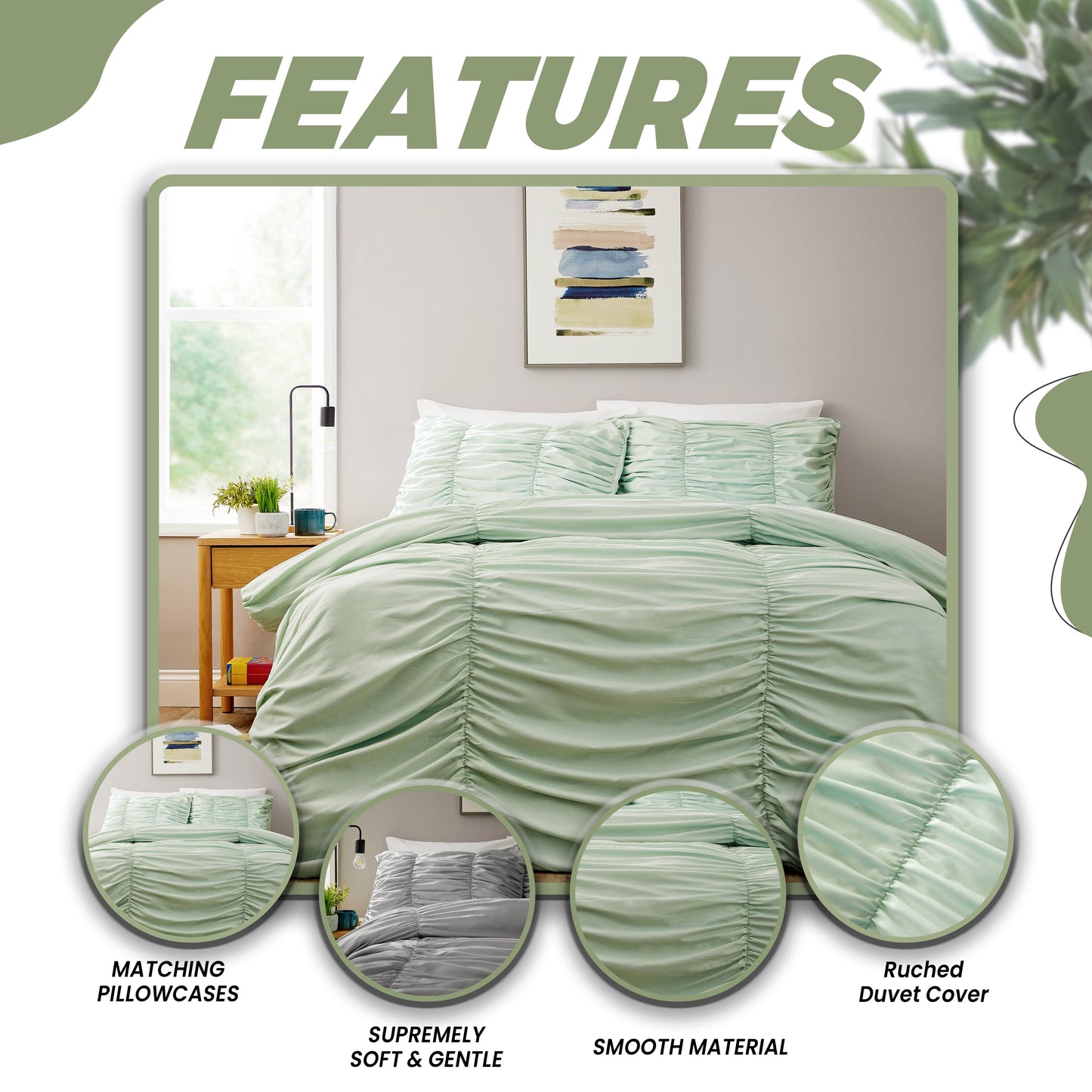 Ruched Sage Green Microfibre Duvet Cover Set with Pillowcases Ruffle Bedding Super Soft Easy Care Quilt Bed Linen by OLIVIA ROCCO