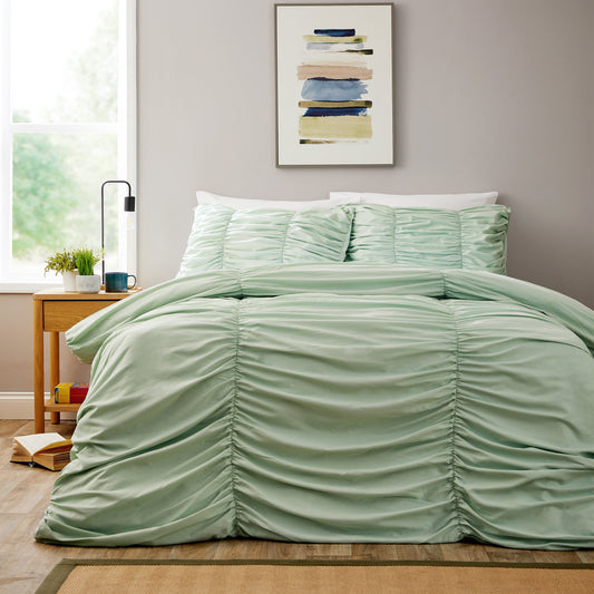 Ruched Sage Green Microfibre Duvet Cover Set with Pillowcases Ruffle Bedding Super Soft Easy Care Quilt Bed Linen by OLIVIA ROCCO