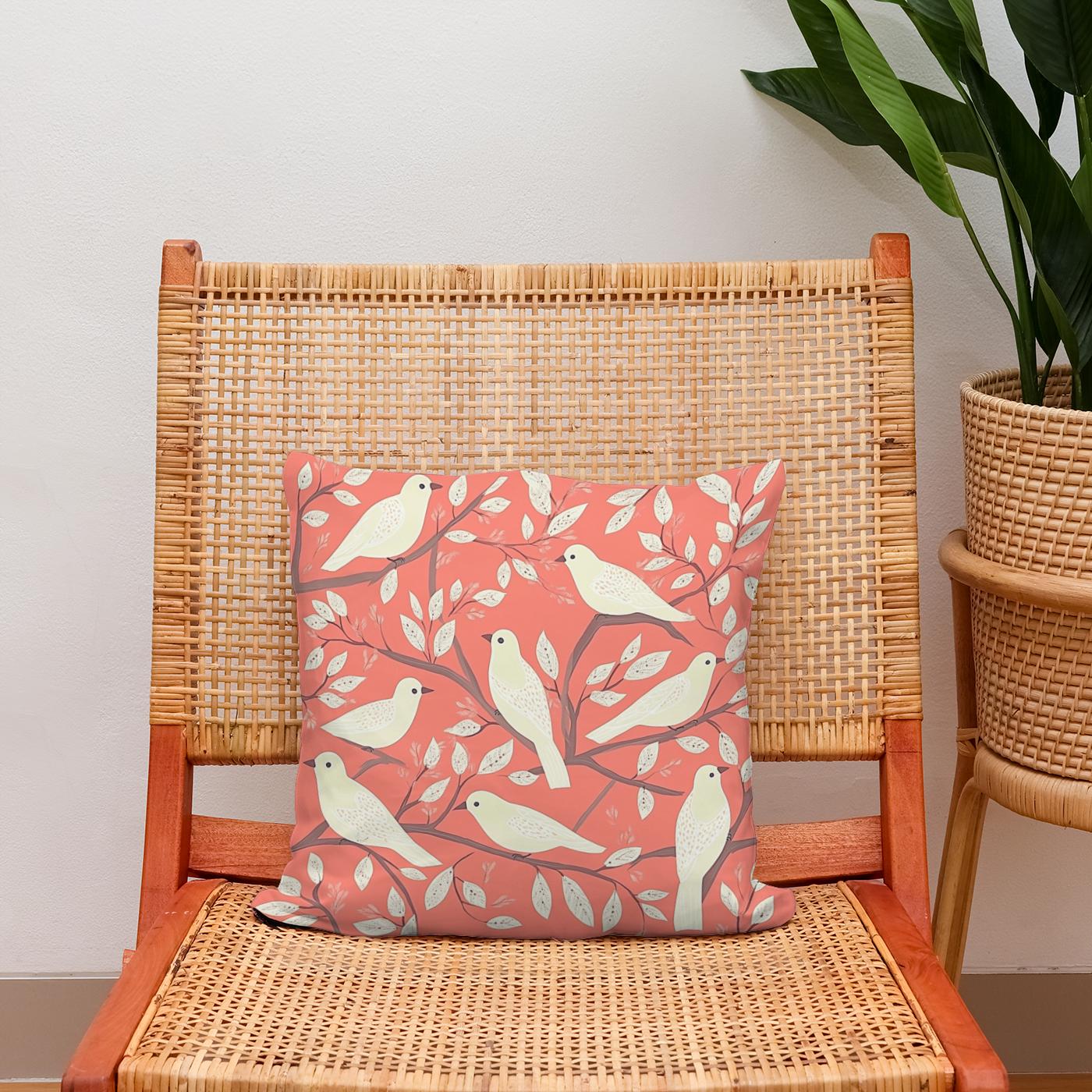 Coral Cream Bird Folk Art Cotton Cushion