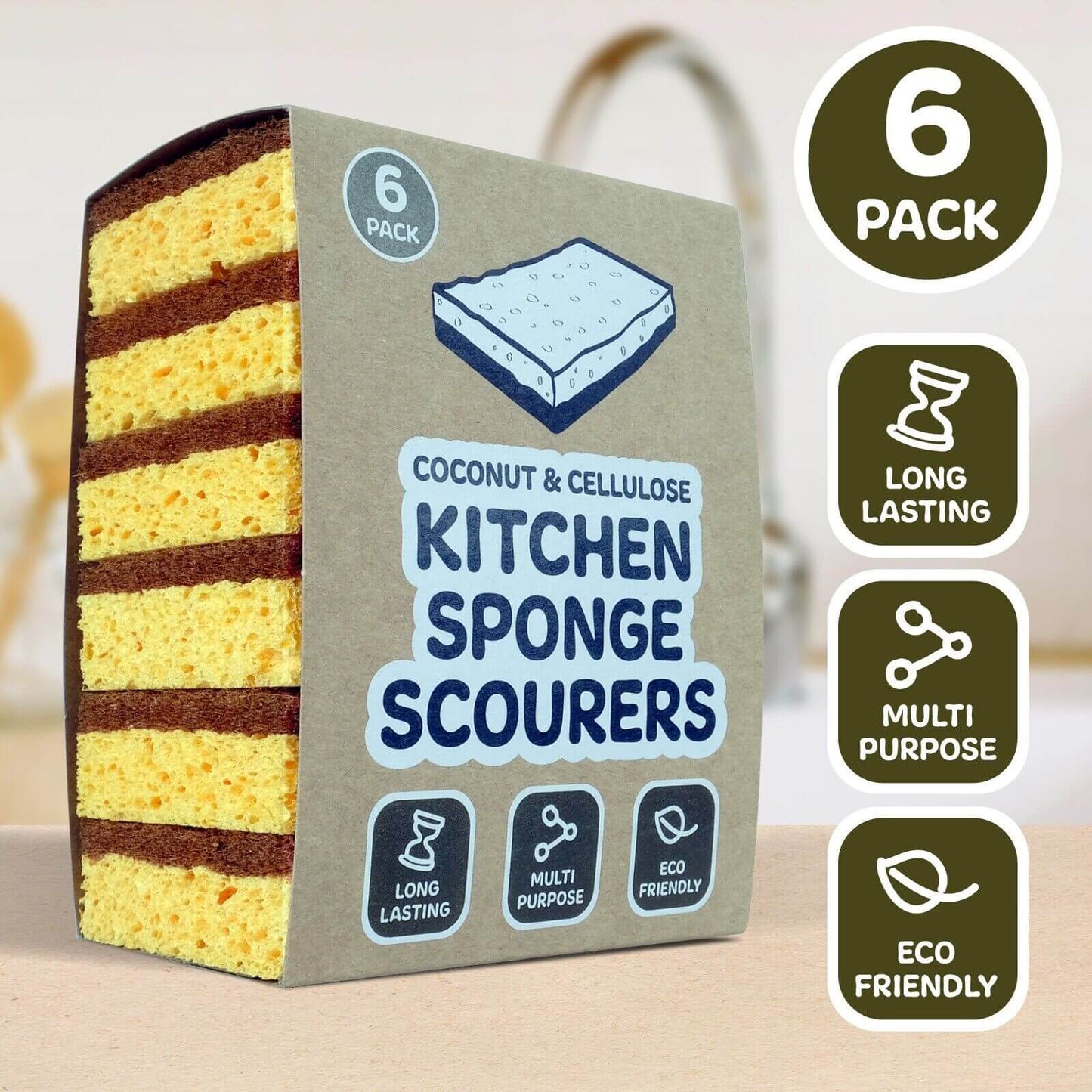 Natural Coconut & Cellulose Sponge Scourers (Pack of 6)