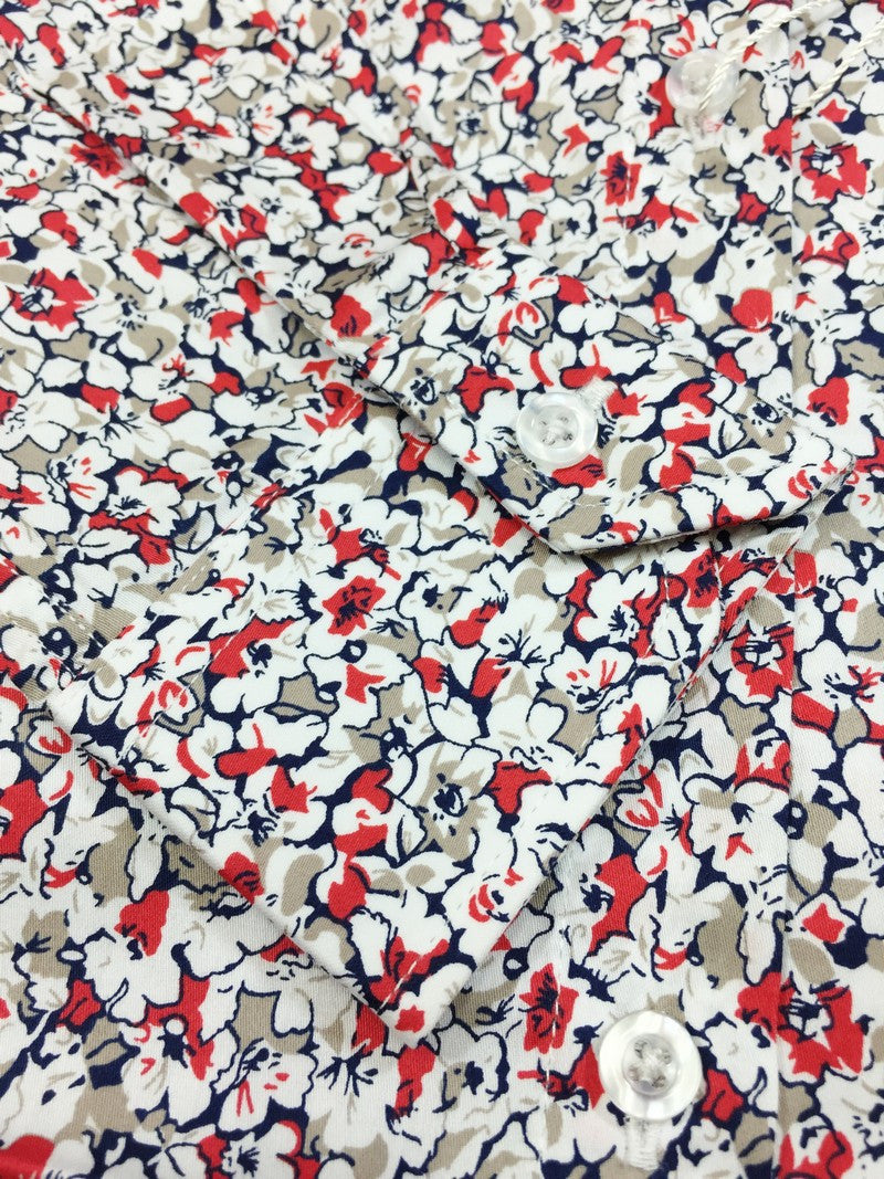 Red & White Floral Print Fitted Shirt