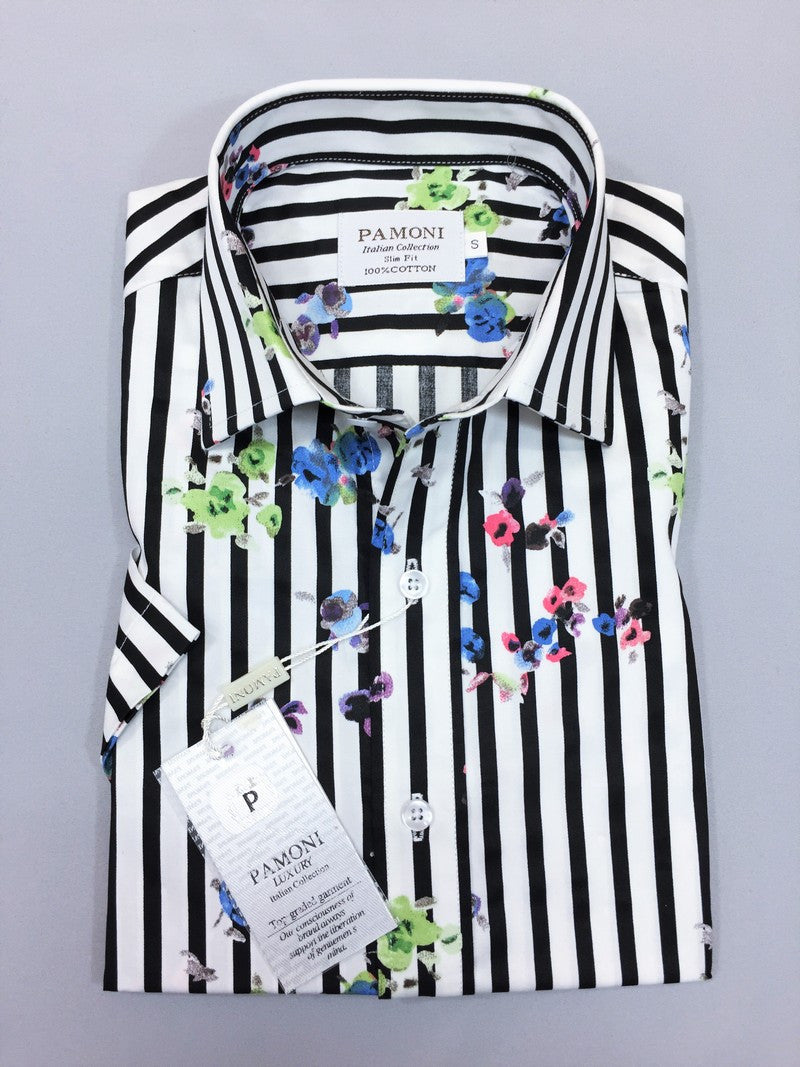 Black Stripe Floral Print Short Sleeves Shirt