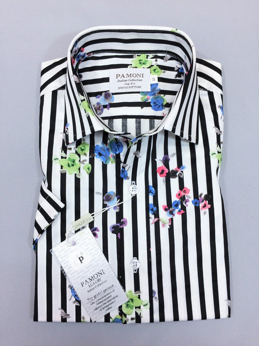 Black Stripe Floral Print Short Sleeves Shirt