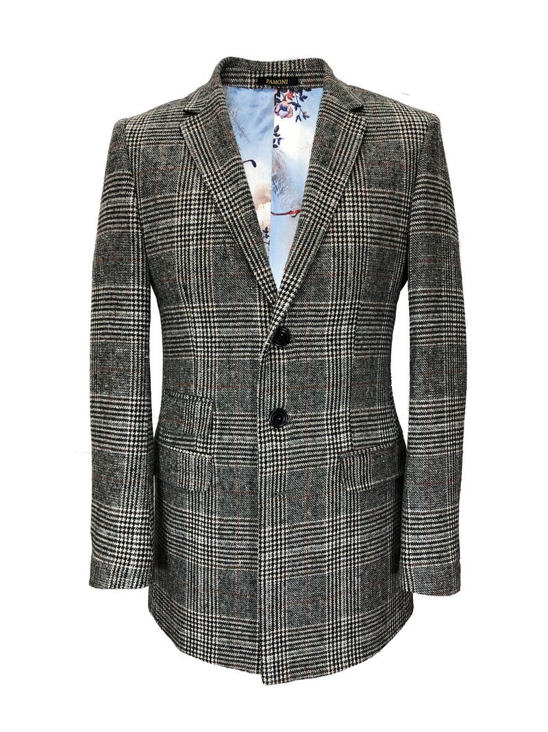 Grey Dogtooth Check Slim Fit Coat