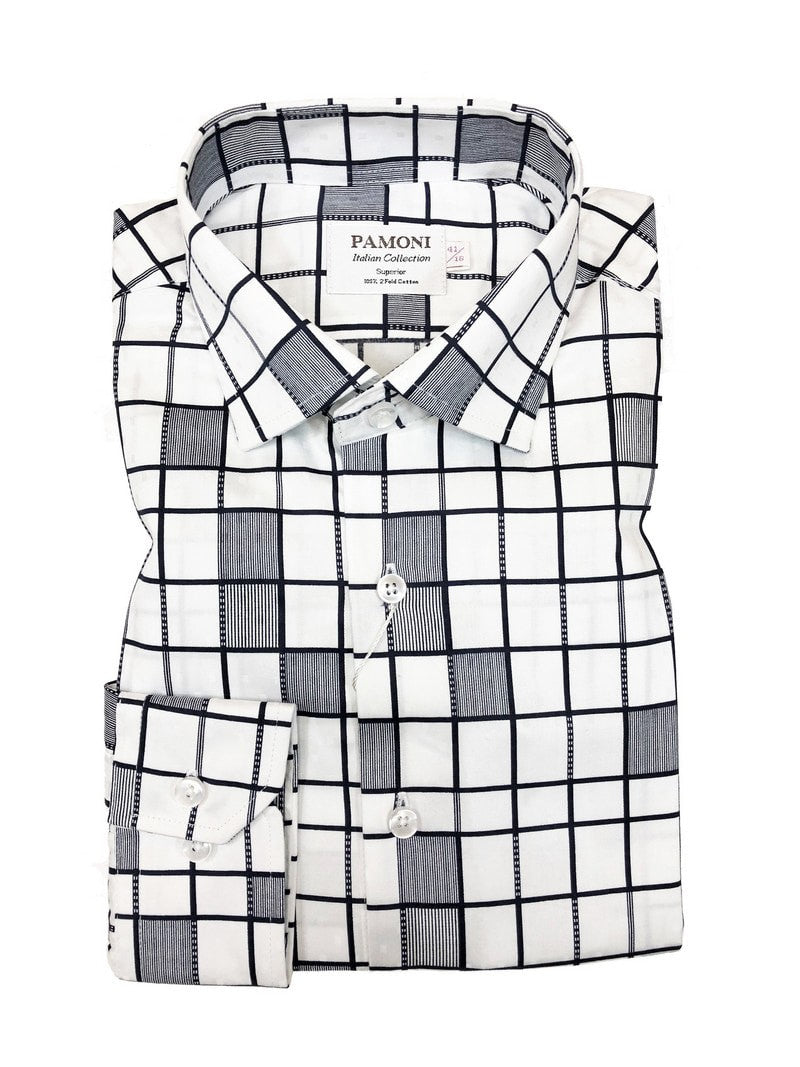 White Grey Pattern Check Slim Fit Shirt