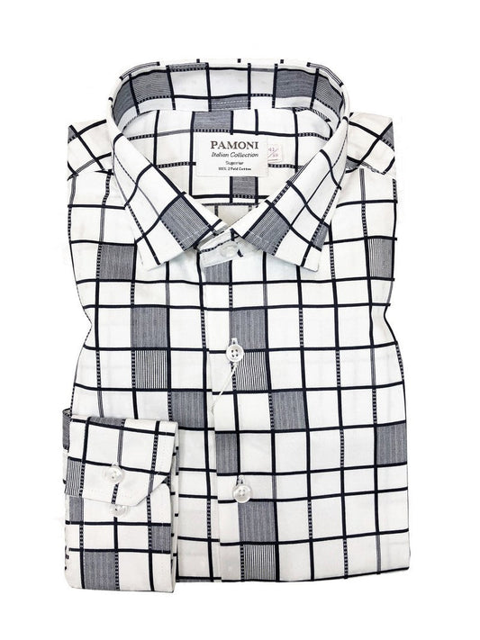 White Grey Pattern Check Slim Fit Shirt