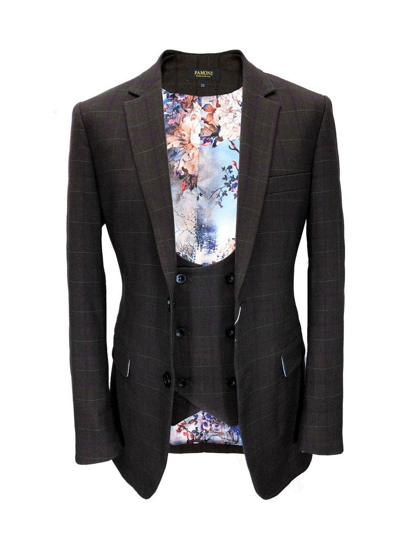 Brown Burgundy Check Tweed Blazer With Matching Waistcoat