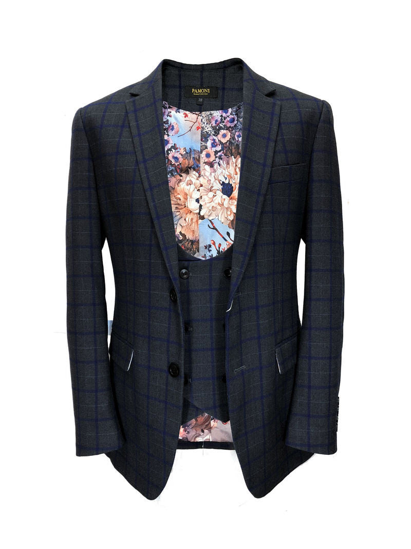 Grey W/ Blue Check Tweed Blazer W/ Matching Waistcoat