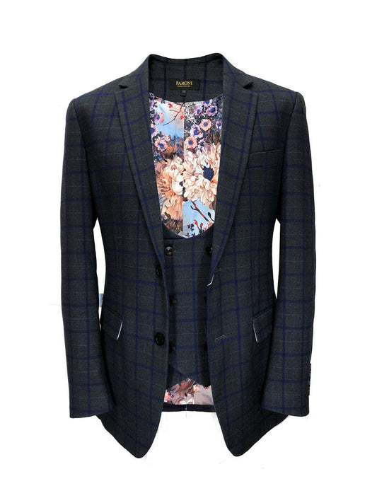 Grey W/ Blue Check Tweed Blazer W/ Matching Waistcoat