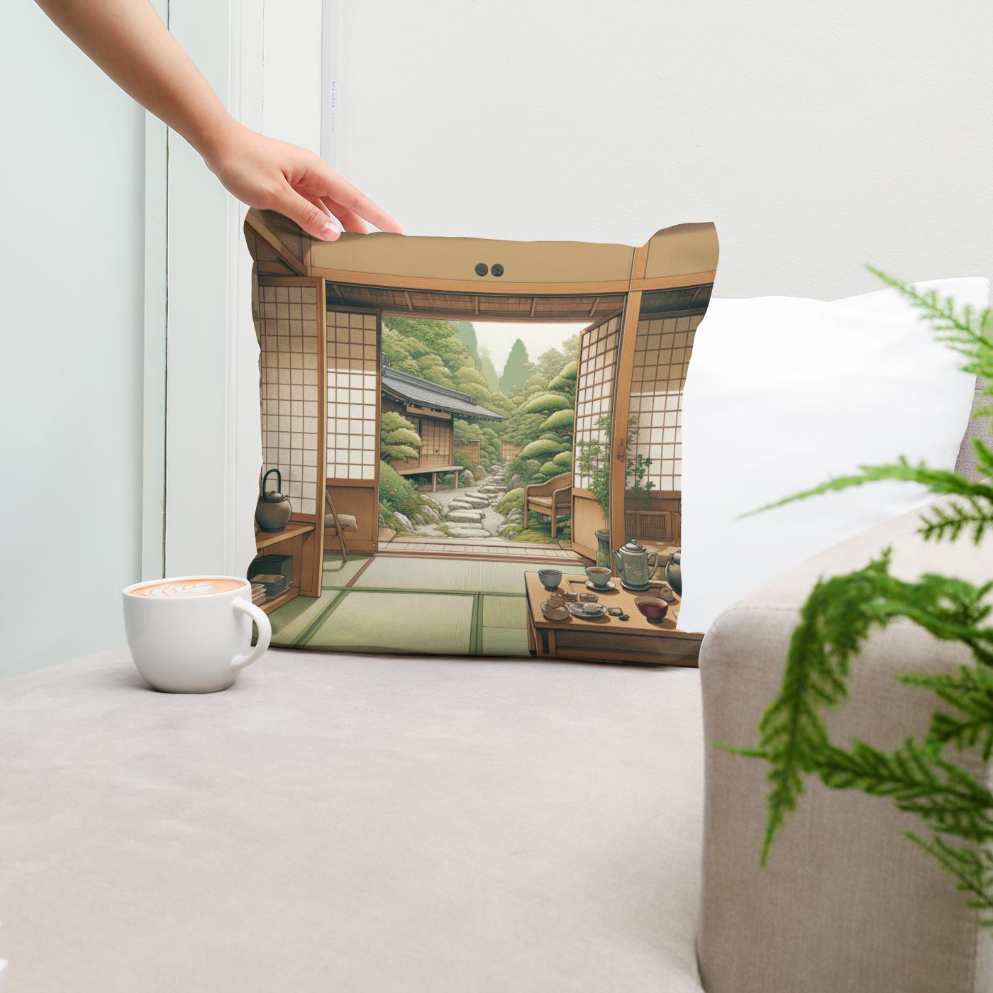Serene Tea House Cotton Cushion