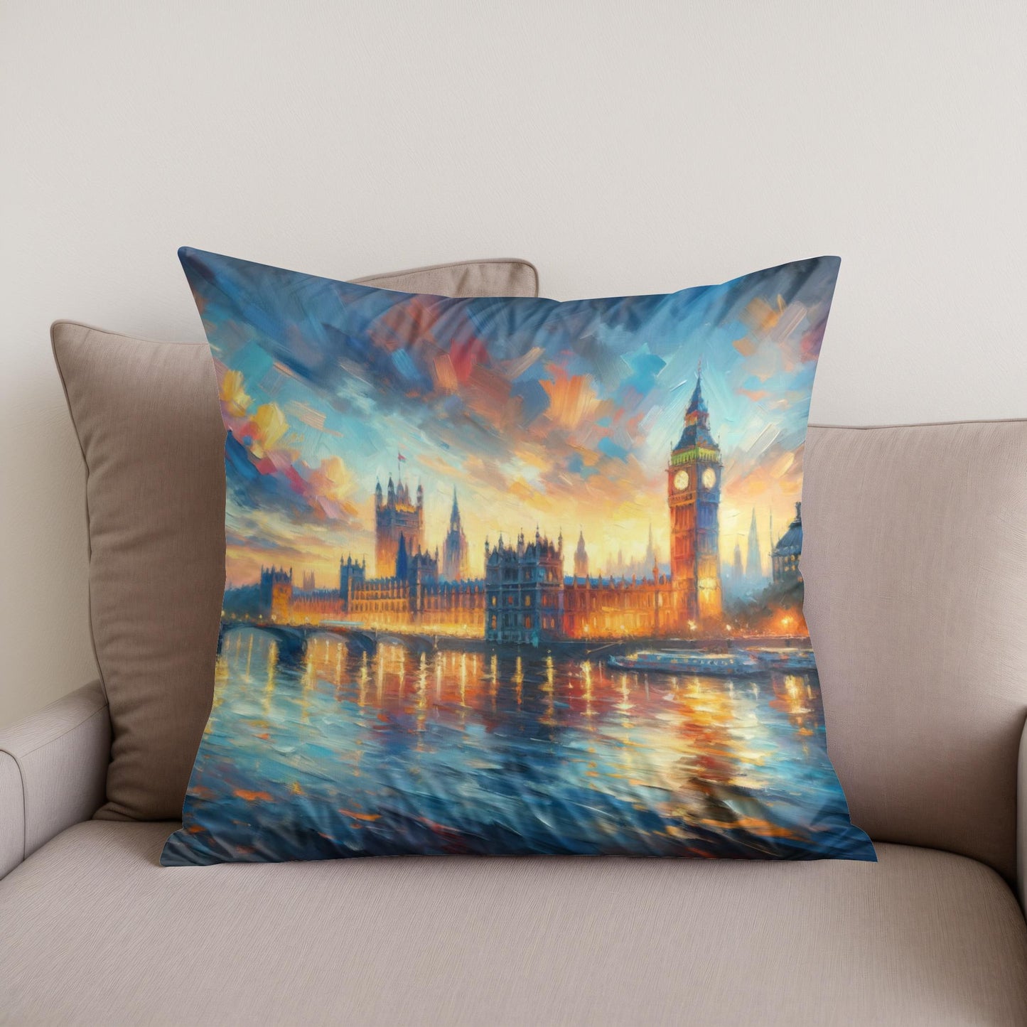 London Parliament Sunset Impression Cotton Cushion