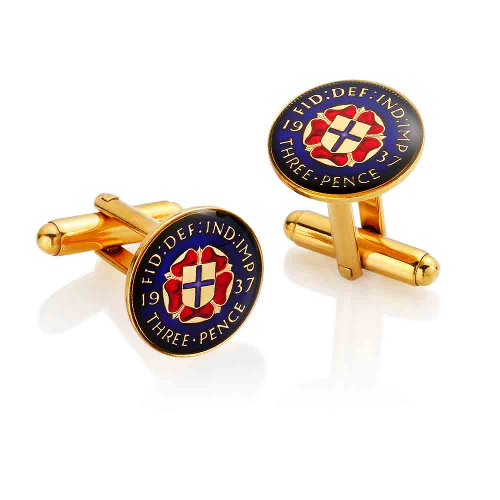 George VI Threepenny (1937-1941) - Tudor Rose Design - Enamelled Coin Cufflinks