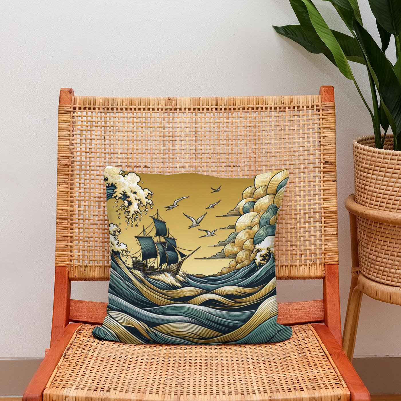 Golden Seascape Voyage Cotton Cushion
