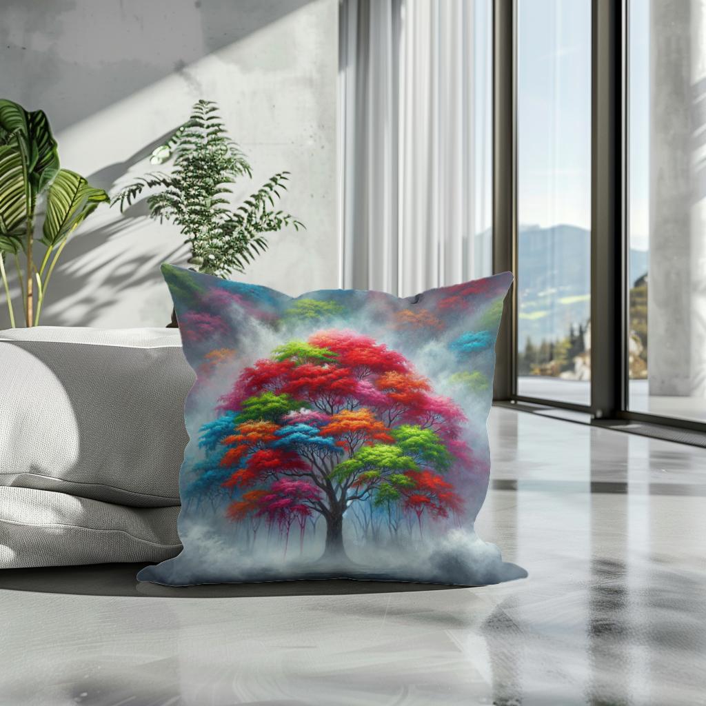Vibrant Tree in Fog Cotton Cushion