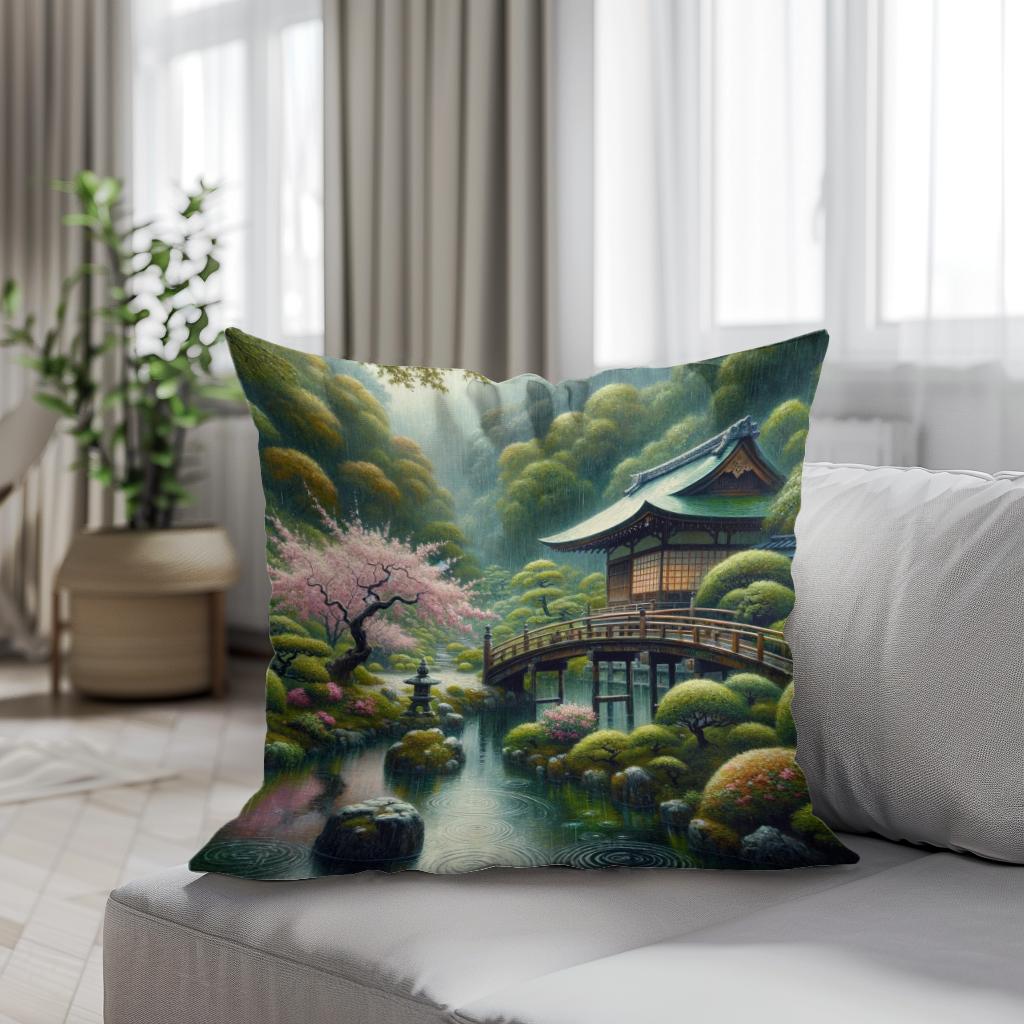 Tranquil Rain in Kyoto Cotton Cushion
