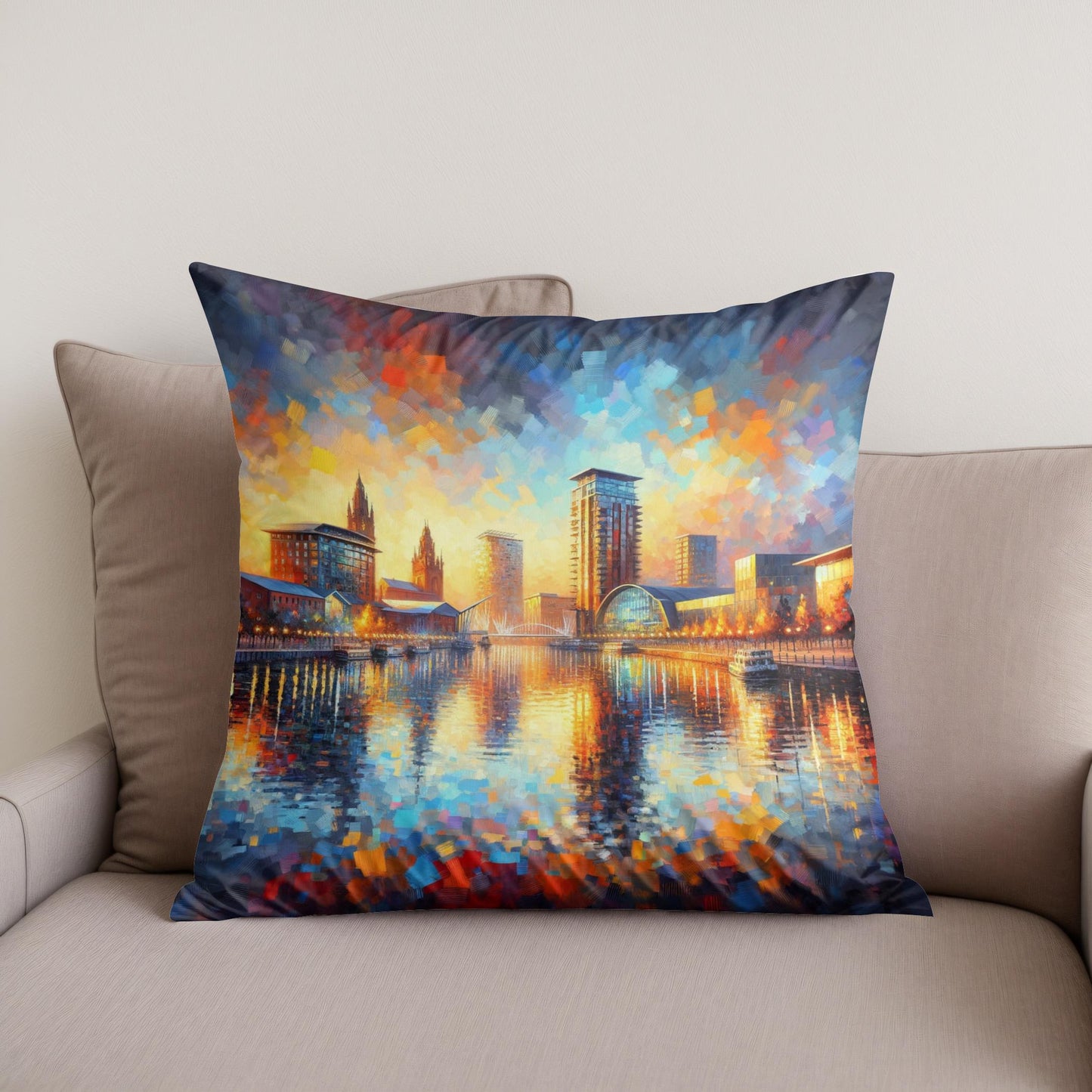 Manchester Salford Quays Sunset Cotton Cushion