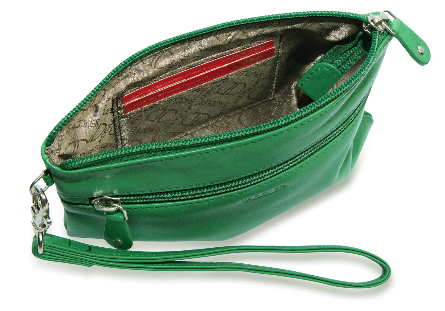 SADDLER SCARLETT Leather Zip Top Mini Clutch - Phone Holder with Detachable Wrist Strap - RFID Protected